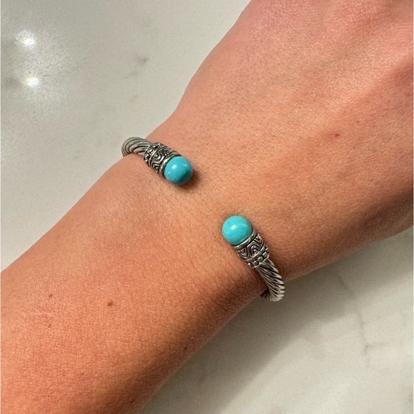 Silver Cable Bracelet with Faux Turquoise - Adjustable Silver Tone Cable Cuff - Picture 3 of 13